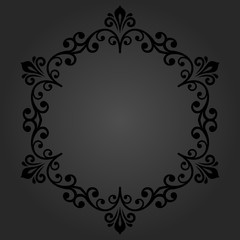 Oriental round dark frame with arabesques and floral elements. Floral fine border. Greeting card with place for text
