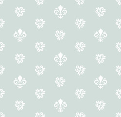 Seamless ornament. Modern geometric pattern with royal lilies. Light blue and white pattern