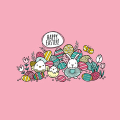 Happy easter words with lots of multi-colored easter eggs, a bunny, chicks, butterflies, and flowers