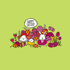 Happy easter words with lots of multi-colored easter eggs, a bunny, chicks, butterflies, and flowers