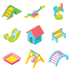 Kids playground isometric, set of isolated color play equipment