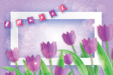 Purple Tulips. Paper cut flower. Flags. 8 March. Women's Day. Rectangle frame