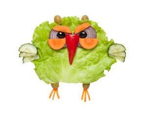 Cunning owl made of green vegetables on isolated background