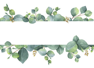 Naklejka premium Akwareli zielona kwiecista karta z srebnego dolara eukaliptusa liśćmi i gałąź odizolowywać na białym tle.