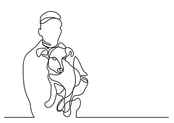 continuous line drawing of owner holding his dog