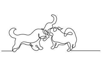 continuous line drawing of three dogs playing