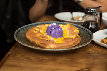 Mango Souffle Pancake Topped with Taro Ice Cream