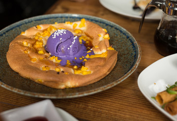 Mango Souffle Pancake Topped with Taro Ice Cream
