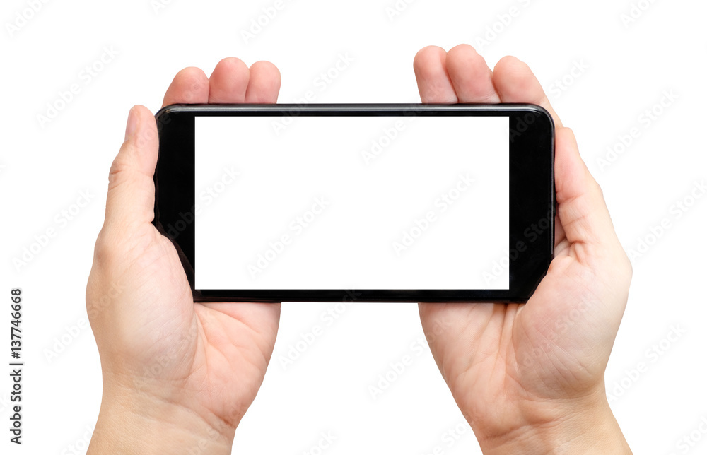 Aufkleber two hand holding black mobile phone with blank screen isolated on white background,mock up for displ
