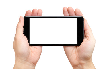 Two Hand holding black mobile phone with blank screen isolated on white background,Mock up for display of your content of replace with background