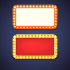 Frame and electric bulbs with space for text. Template for design, light banner. illustration