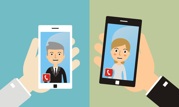 video call, mobile meeting, online video chat. Online conference smart phone icon. Man Having Video Chat with Woman.