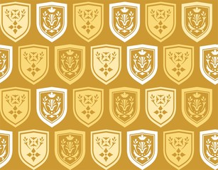 Emblems, seamless background, gold, vector. Vector background with white and yellow coat of arms on a gold background. The coat of arms depicts twigs and flowers. The coat of arms. Natural pattern. 