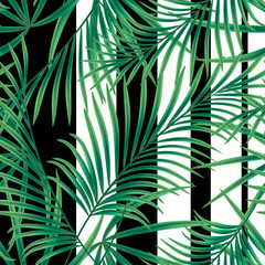 Seamless floral pattern. green palm leaves on the  white background black vertical stripes 