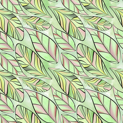 Seamless floral pattern.green , pink,yellow, colorful leaves on the green watercolor background.
