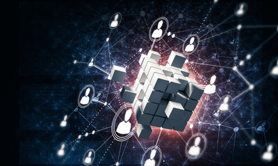 Concept of Internet and networking with digital cube figure on d