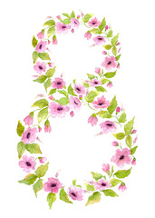 Number eight made of pink watercolor flowers