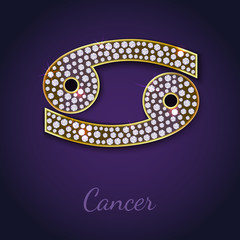 Golden Cancer zodiac signs with diamonds, editable illustration