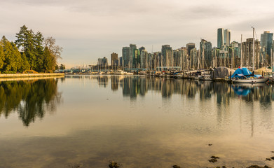 Vancouver city skyline with boats in foreground