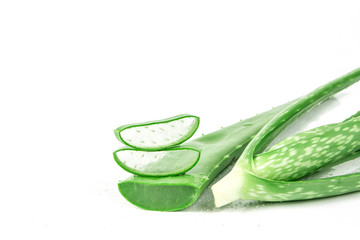 sliced and leaf of fresh aloe vera on white background