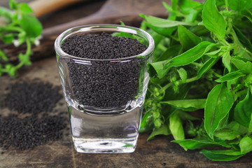 raw basil seed, herb in Thai, aids digestion as a laxative