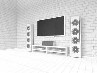 Modern white home theater on a white background. 3D rendering