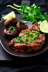 Cilantro-flavoured Pork Chops with Mushrooms