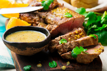 Marinated Pork Fillet.selective focus.style rustic