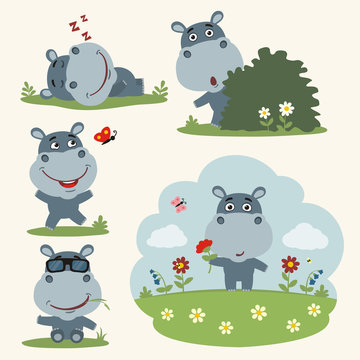 Vector set funny hippopotamus in different poses on summer meadow with flowers. Collection little hippopotamus in cartoon style.