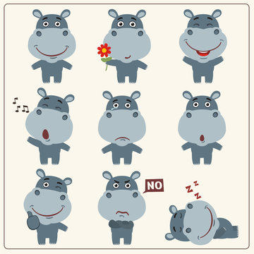 Funny little hippo set in different poses. Collection isolated hippo in cartoon style.
