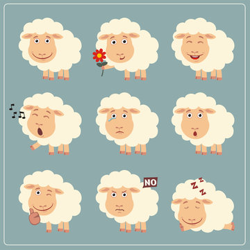 Funny little sheep set in different poses. Collection isolated sheep in cartoon style.