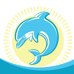Dolphin jumping in water waves.Vector symbol of seascape with sun
