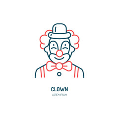 Cute smiling clown line icon. Vector logo for circus, party service or event agency. Linear illustration of kids birthday performance classic character.