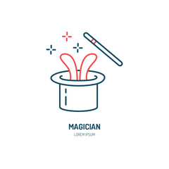 Magician line icon. Vector logo for illusionist, party service or event agency. Linear illustration of magic wand and rabbit in hat.
