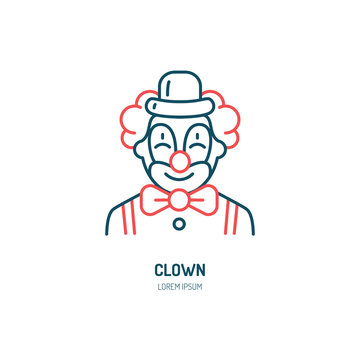 Cute smiling clown line icon. Vector logo for circus, party service or event agency. Linear illustration of kids birthday performance classic character.