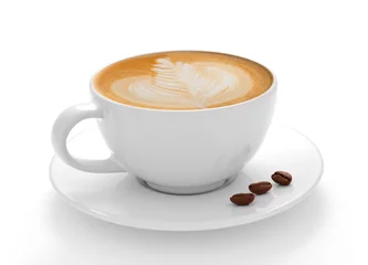 Gordijnen Kopje koffie latte en koffiebonen geïsoleerd op witte achtergrond © amenic181