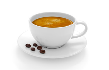 Cup of coffee with coffee beans isolated on white background