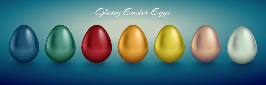 Glossy metallic egg set. Golden, silver, blue, red, green, orange, yellow, white color reflect paint. Turquoise deep retro background. Horizontal collection for Easter card or banner design