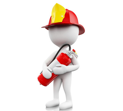 3d Fireman with helment and extinguisher.