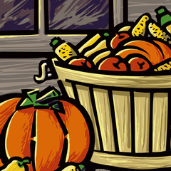 Fall vegetables including pumpkins, corn and gourds in a basket on a wooden porch. Perfect for thanksgiving card or invitation.
