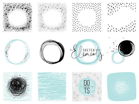 Set of sketch circles, frames and textures. Use for posters, prints, greeting and business cards, banners, icons, labels, badges and other graphic designs.