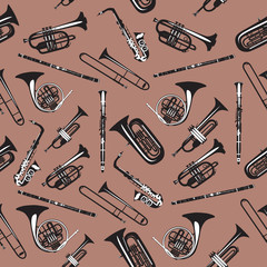 Vector seamless pattern with wind musical instruments.