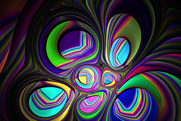 Abstract rainbow shapes on black background. Fantasy fractal design. Psychedelic digital art. 3D rendering.