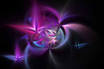 Abstract smoky flowers on black background. Fantasy fractal artwork in blue, pink and purple colors. 3D rendering.