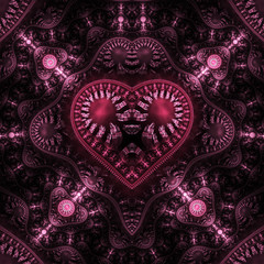 Abstract ornamented steampunk heart. Fantasy detailed fractal background in pink and crimson colors. Digital art. 3D rendering.