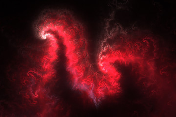 Abstract bloody red smoky shapes on black background. Fantasy fractal design. Psychedelic digital art. 3D rendering.