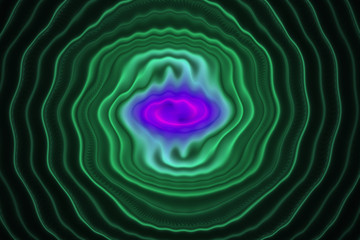 Abstract glowing green, purple and blue waves on black background. Fantasy fractal texture. Digital art. 3D rendering