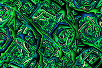 Abstract intricate fractal texture in green and blue colors. Digital art. 3D rendering.