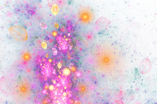Abstract pink, blue and golden drops on white background. Fantasy fractal design. Digital art. 3D rendering.