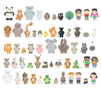 Big set of different animals. Zoo animals from different continents. A variety of fauna. Vector cartoon